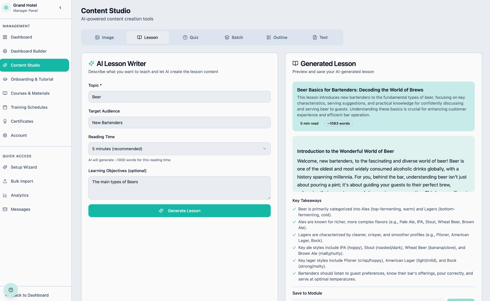Origin AI Content Studio interface