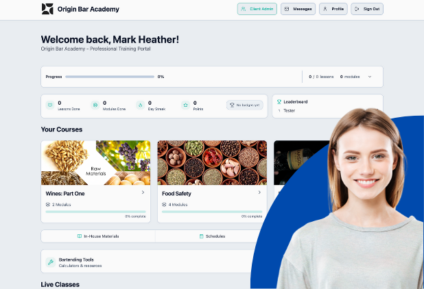 Origin Bar Academy Professional Training Portal dashboard