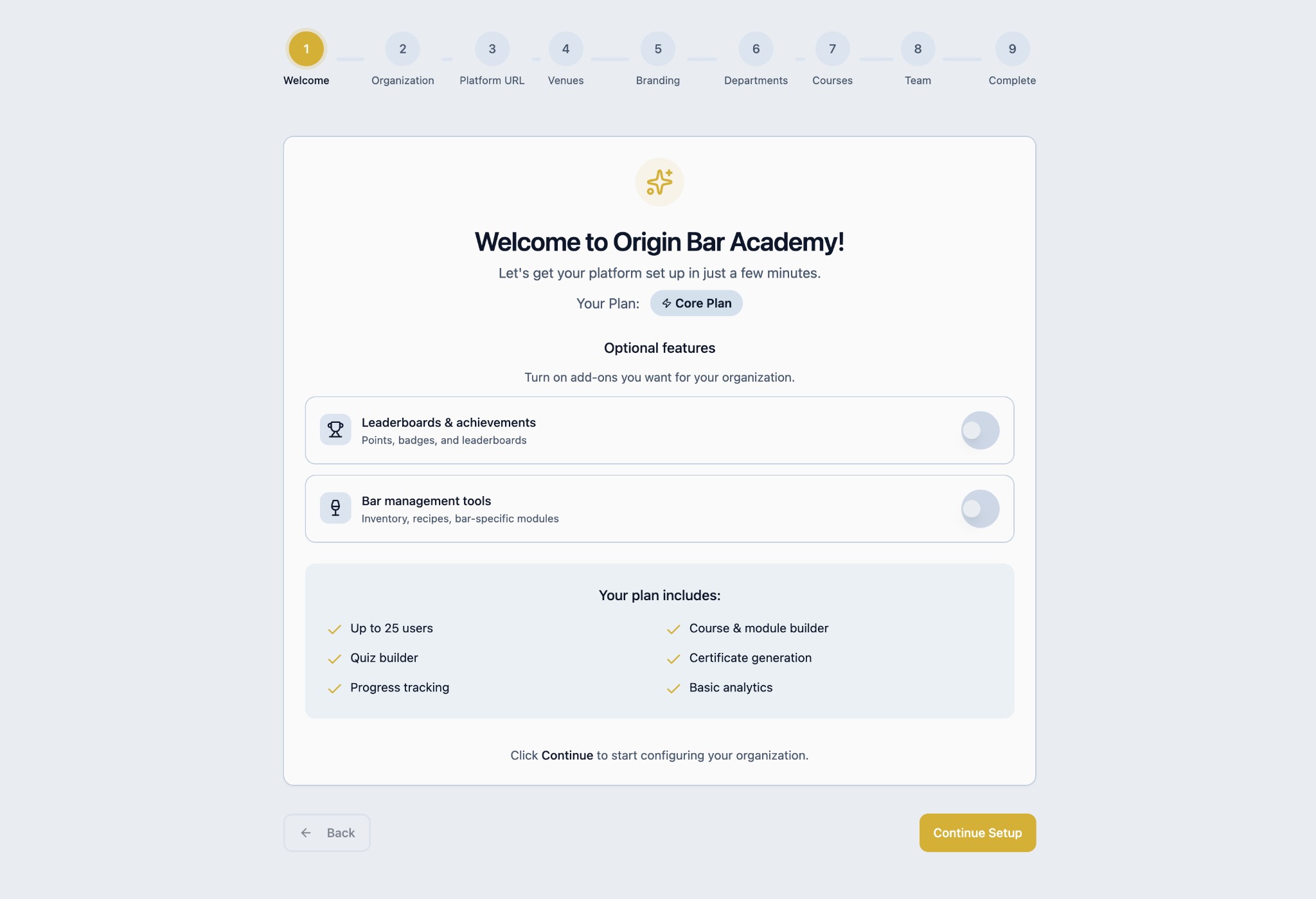 Origin Bar Academy setup wizard – Welcome step with plan and optional features
