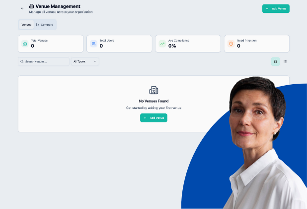Venue Management dashboard showing venues, users, and compliance
